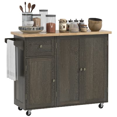 Triple-Cabinet Wood Rolling Kitchen Island on Wheels with Storage Shelf Adjustment, Towel Rack, Big Drawer