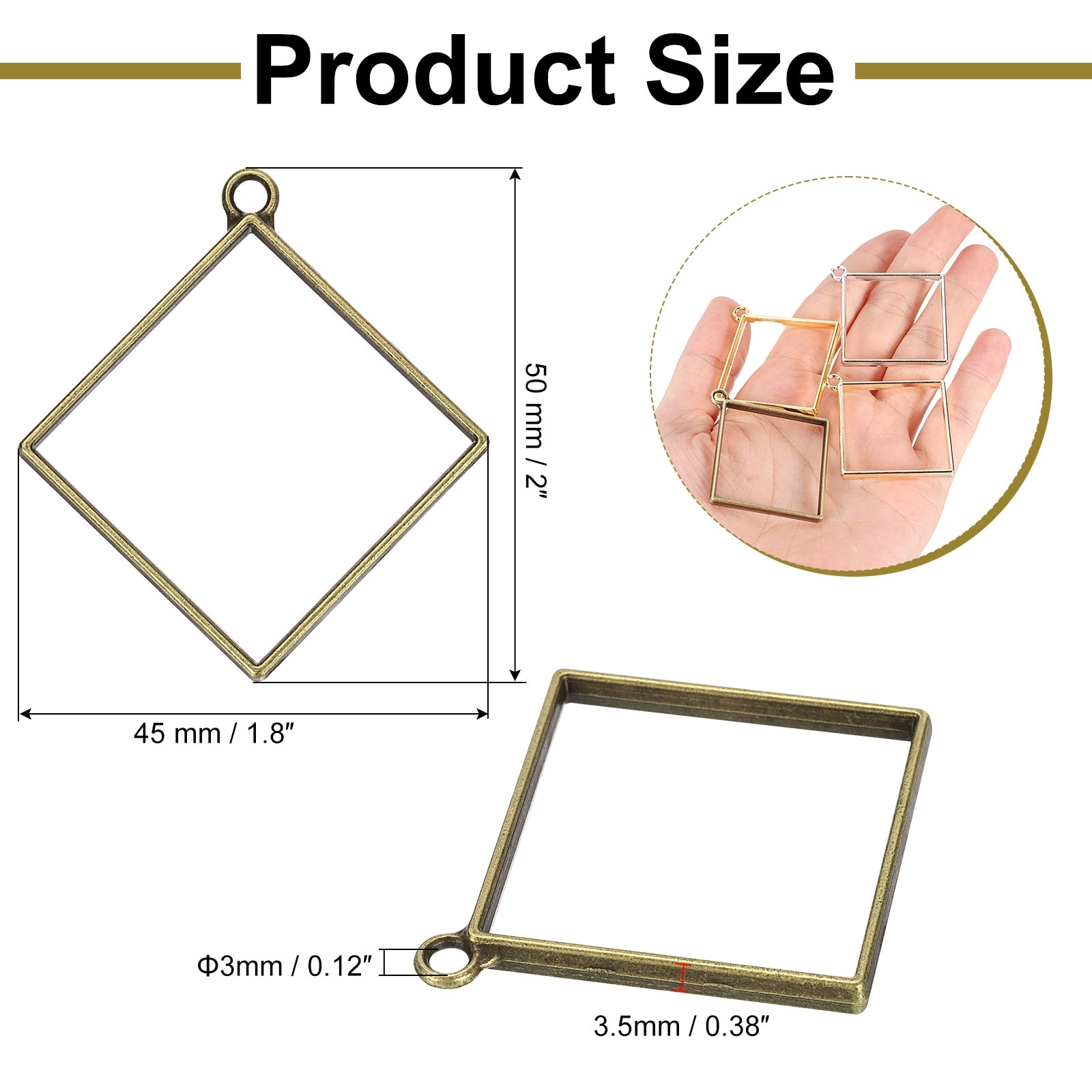 60Pcs Alloy Open Bezel Pendants, Square Hollow Frame Pendant, Gold Tone