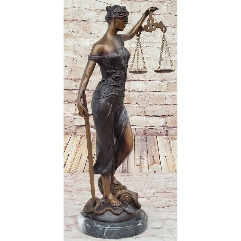 19 Inches Tall Blind Justice Signed Mayer Bronze Sculpture Handcrafted Lost Wax Method