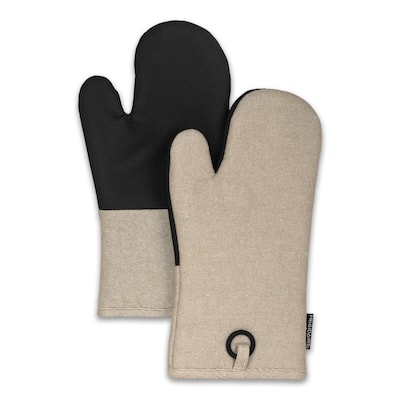 Beige Heat Resistant Thick Soft Quilted Lining Kitchen Oven Glove Mitts With Neoprene - 1 Pair