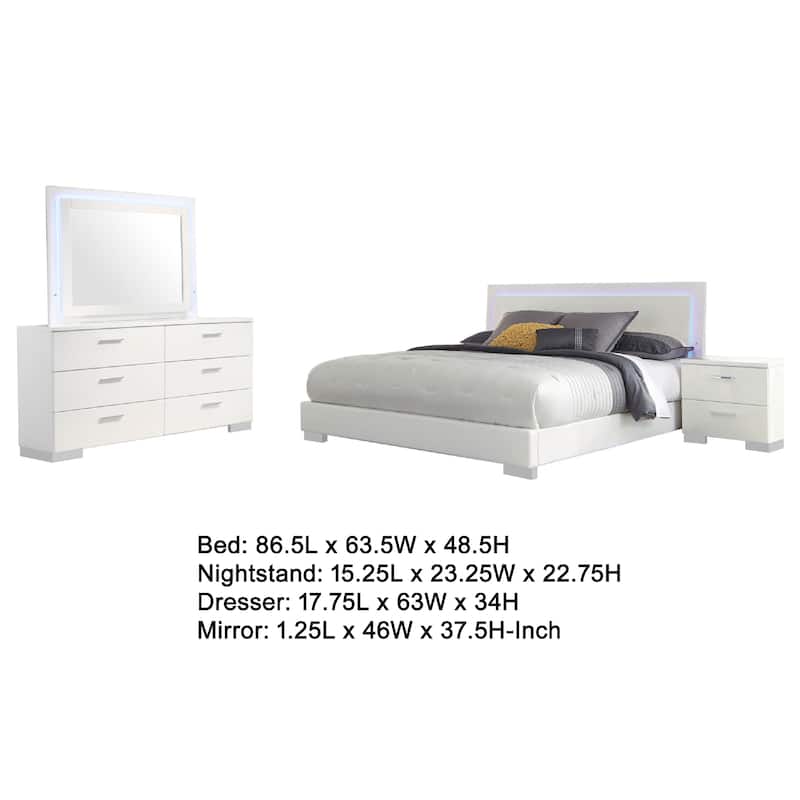 Sok 4pc Queen Bedroom Set, Faux Leather, Blue LED Lights, White Wood