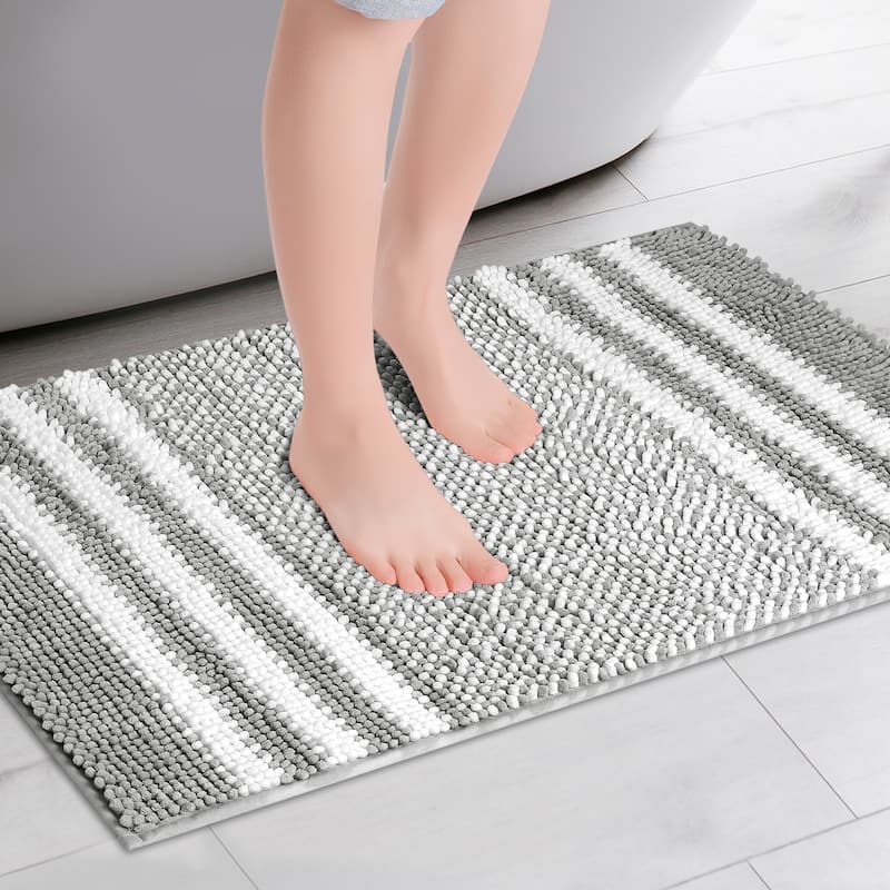 Striped Chenille Bathroom Rug with Edges, Non-Slip Bathroom Floor Mat - Dark Gray - 20" x 32"