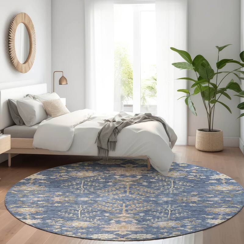 Machine Washable Indoor/ Outdoor Boho Traditional Chantille Rug - Blue - 8' x 8'