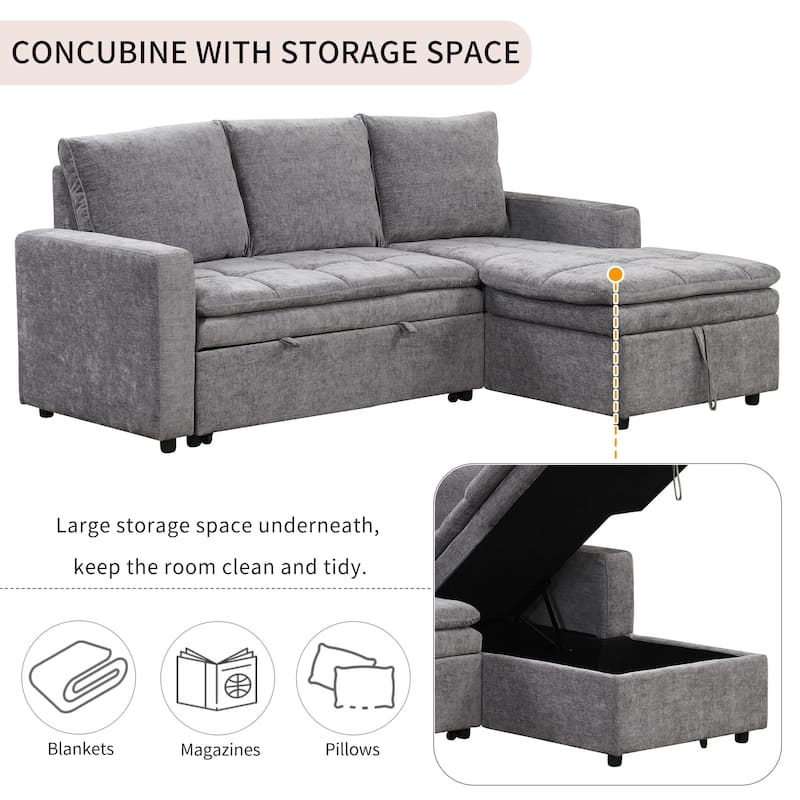 89" Polyester L-Shape Sectional 3-Seat Convertible Sofa with Storage Chaise
