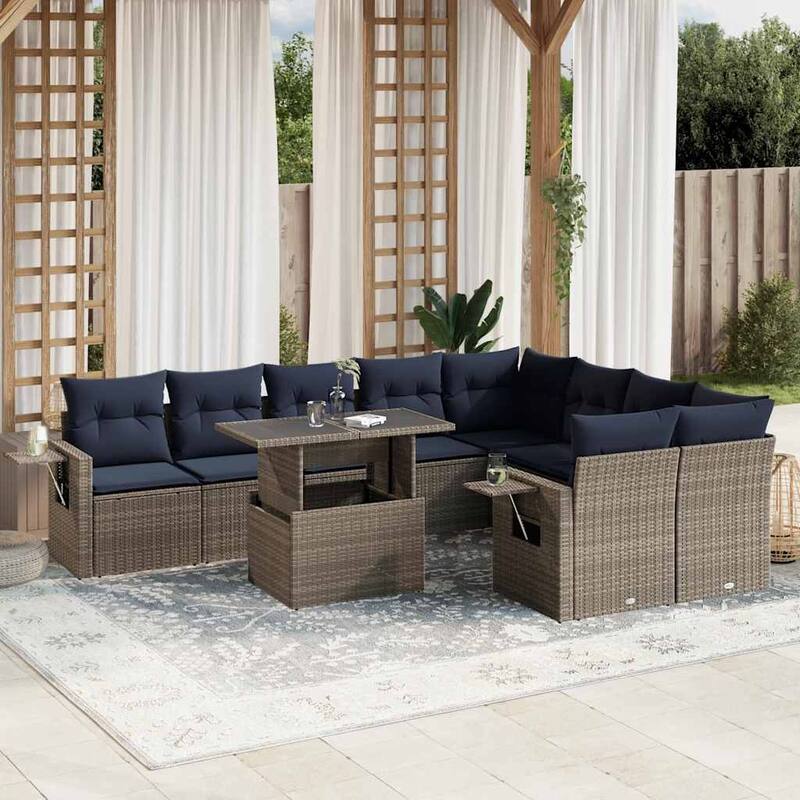vidaXL 10 Piece Patio Sofa Set with Cushions Black/Gray Poly Rattan - 24.4 x 24.4 x 27.2 - Gray