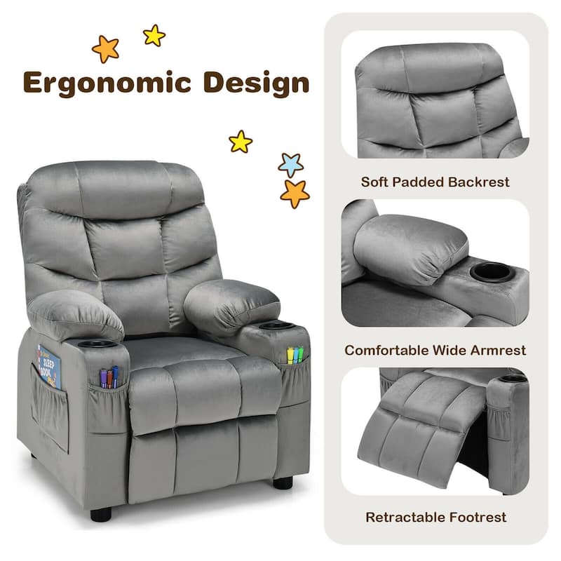 Gymax Kids Youth Recliner Chair Velvet Fabric w/Cup Holder & Side