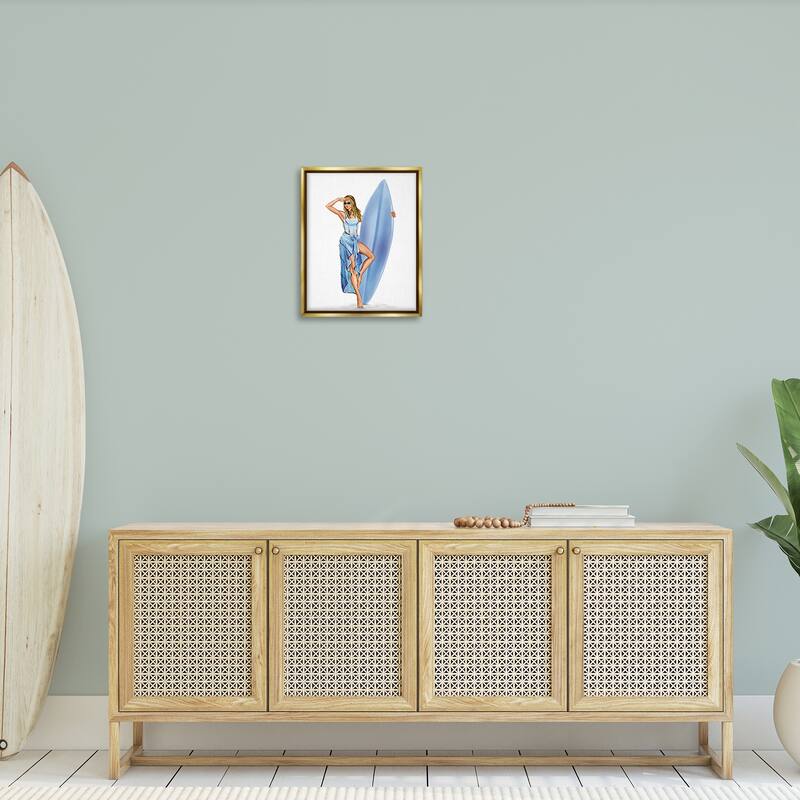 Stupell Trendy Surfer Girl in Blue Framed Floater Canvas Wall Art Design By Ziwei Li