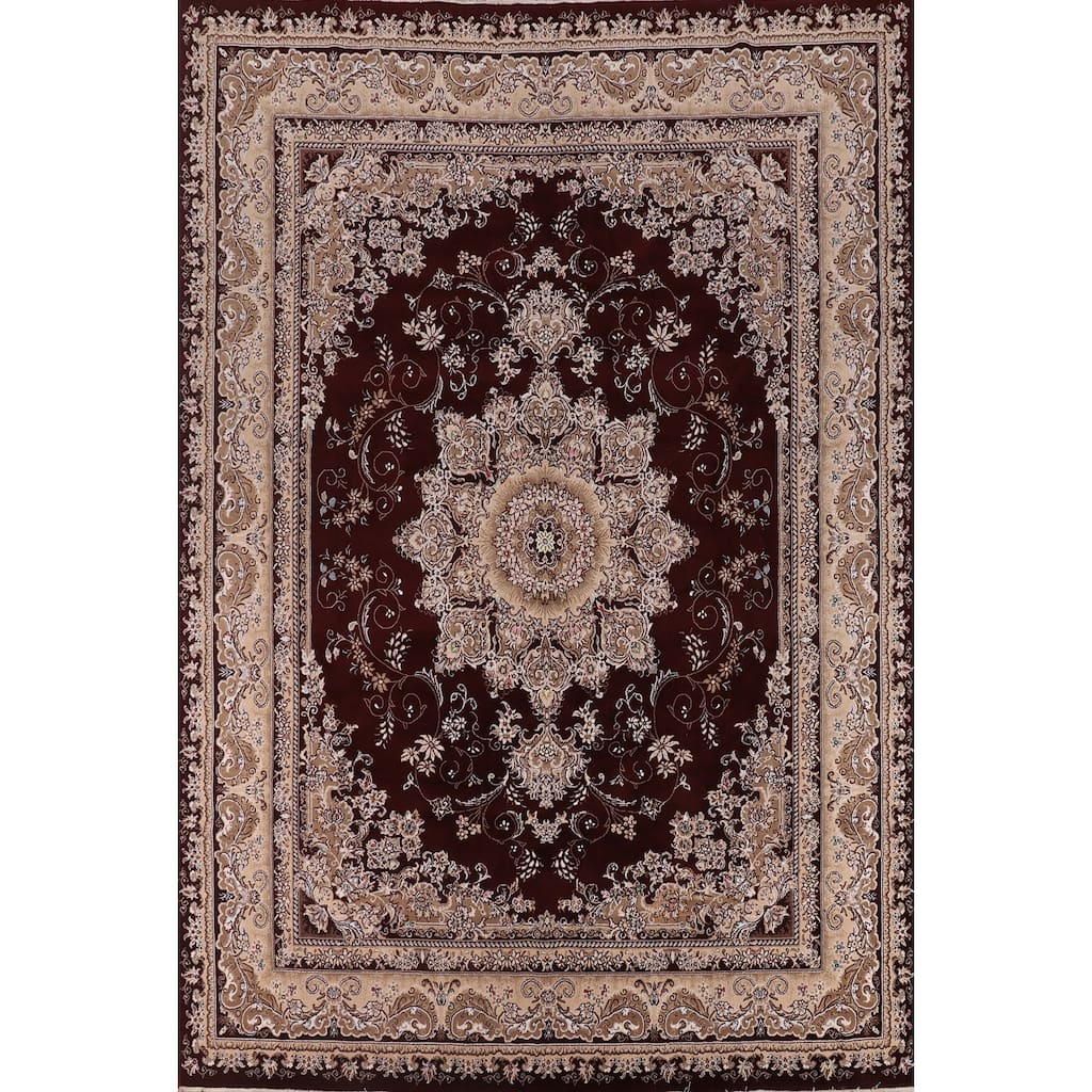 Burgundy Medallion Tabriz Area Rug Machine Made Carpet - 9'9" x 13'2"