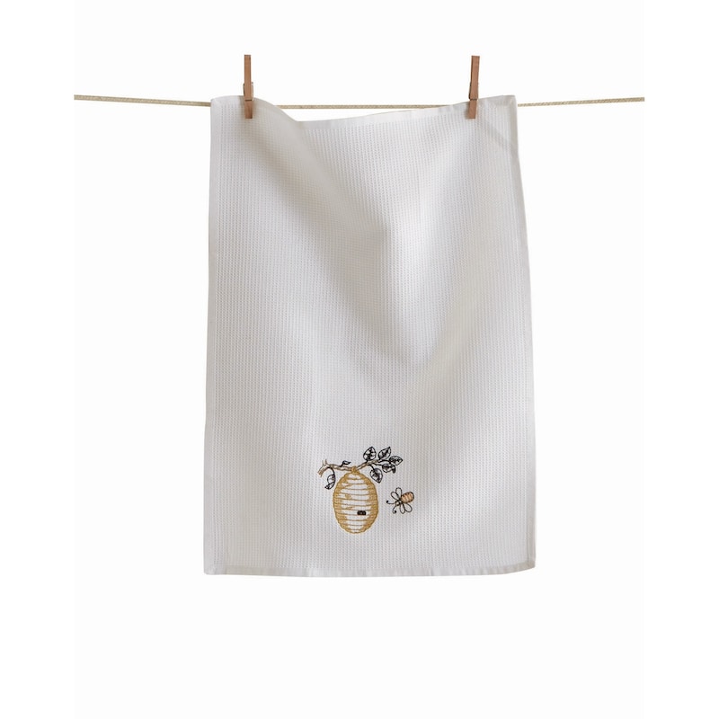 Busy Bee Embroidered Waffle Weave Kitchen Towels - White Multi Cotton Dish Towels for Everyday Use - Machine Washable