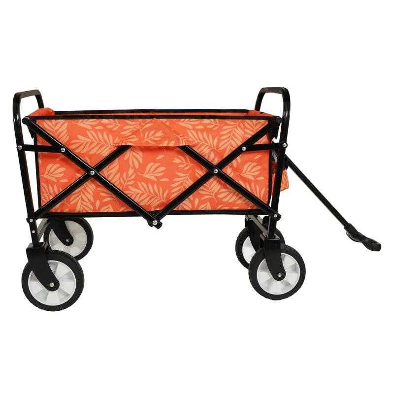 Patterned Collapsible Utility Wagon - Orange Leaf Design with Storage Straps, 225lb Capacity