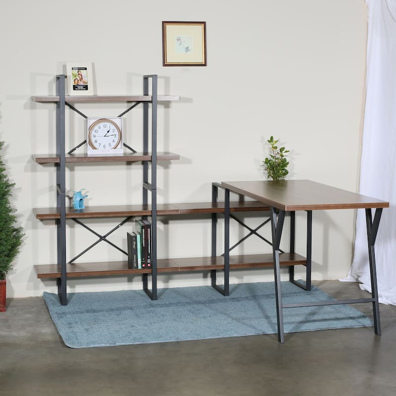 L - Shaped Home Office Desk with 6 Antigue Wood Shelves