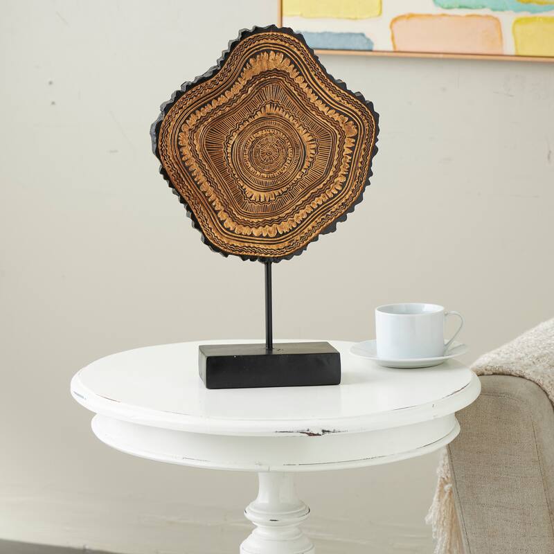 Brown Resin Abstract Carved Tribal Decorative Sculpture with Black Stand and Wavy Edge - Brown