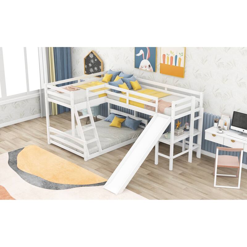 LShaped Triple Bunk Bed with Slide, Twin/Full Loft Bed with Desk Bed