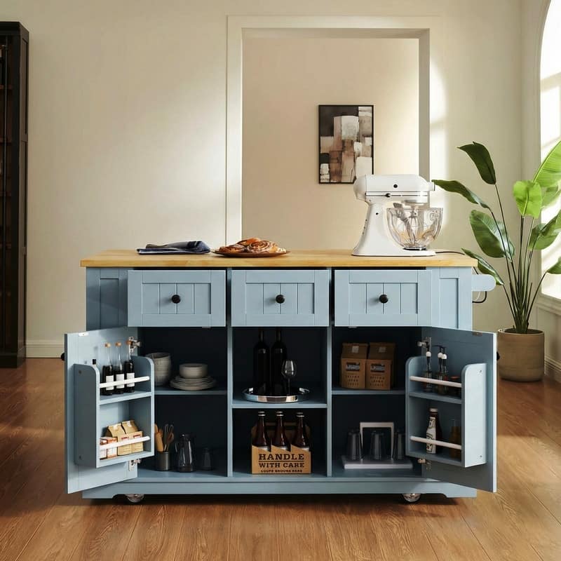 53" Kitchen Island with Drop Leaf,Rolling Kitchen Cart on 5 Wheels withDrawers, Power Outlet and Open Side Racks for Kitchen