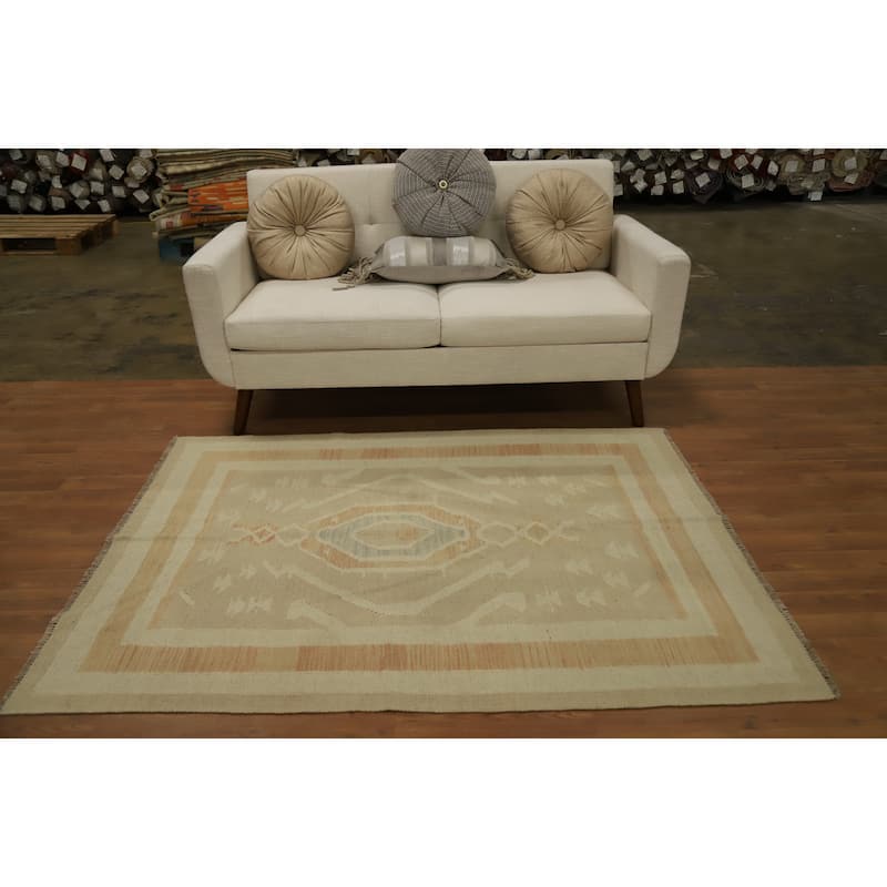 Hand Woven Oriental 100% Wool Carpet Southwestern Tribal Brown Kilim Area Rug - 5' 8'' X 4' 3''