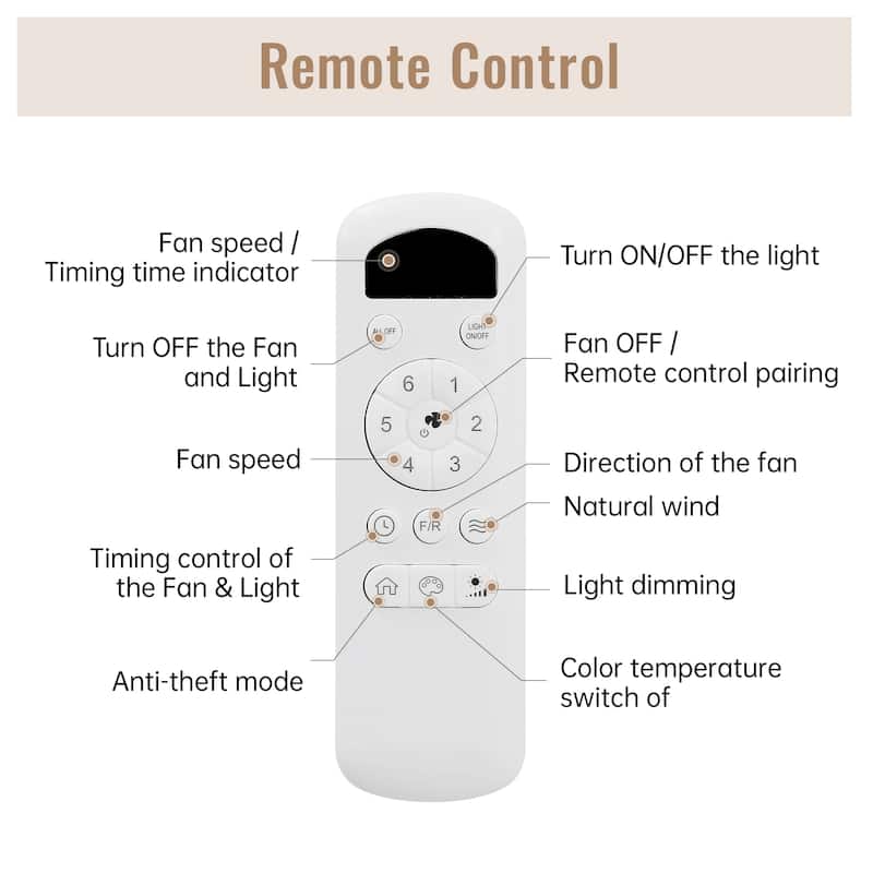 46 Inch Ceiling Fan with Lights 3 ABS Blades 6-speed DC Motor Remote Control for Living Room