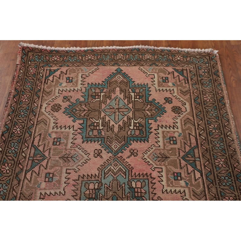 Pink Geometric Tabriz Persian Vintage Runner Rug Handmade Wool Carpet - 3'3"x 12'5"