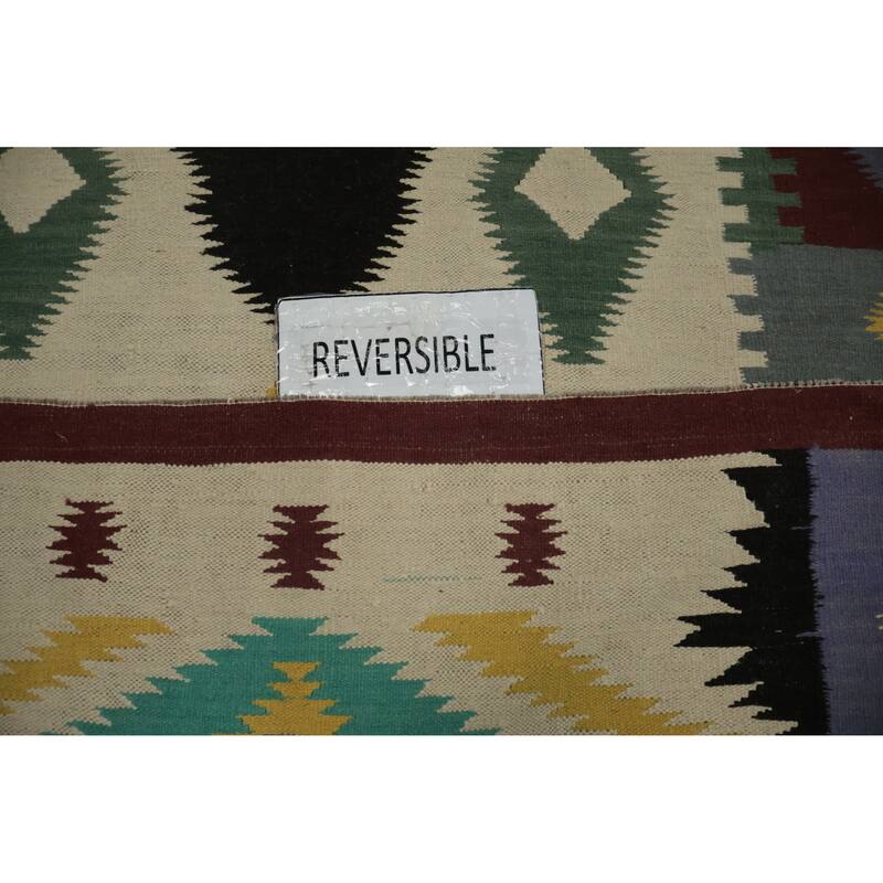 Hand Woven Oriental 100% Wool Carpet Southwestern Tribal Beige & Ivories Kilim Area Rug - 11' 4'' X 4' 9''