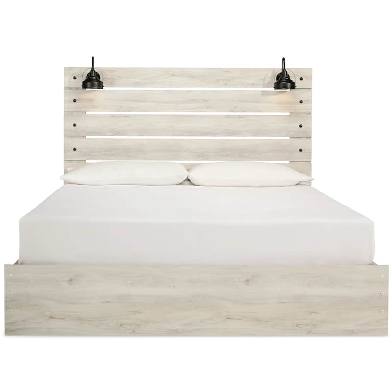 Cemy Rustic King Panel Bed, 2 Sconce Lights and 4 Drawers, Whitewash