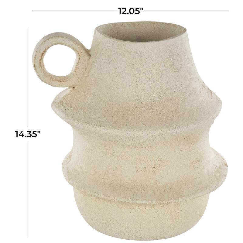Cream Paper Mache Fluted Decorative Vase with Brown Distressed Texturing and Ring Handle