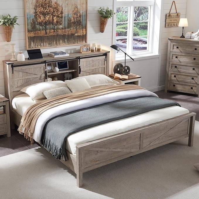 Farmhouse Queen Size Bed Frame with Storage Shelves & Charging Station - Light Rustic Oak