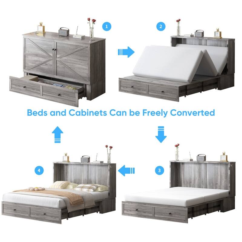 Mixoy Modern Full/Queen Size Murphy Bed Chest with Storage，USB Charging Station，No Mattress