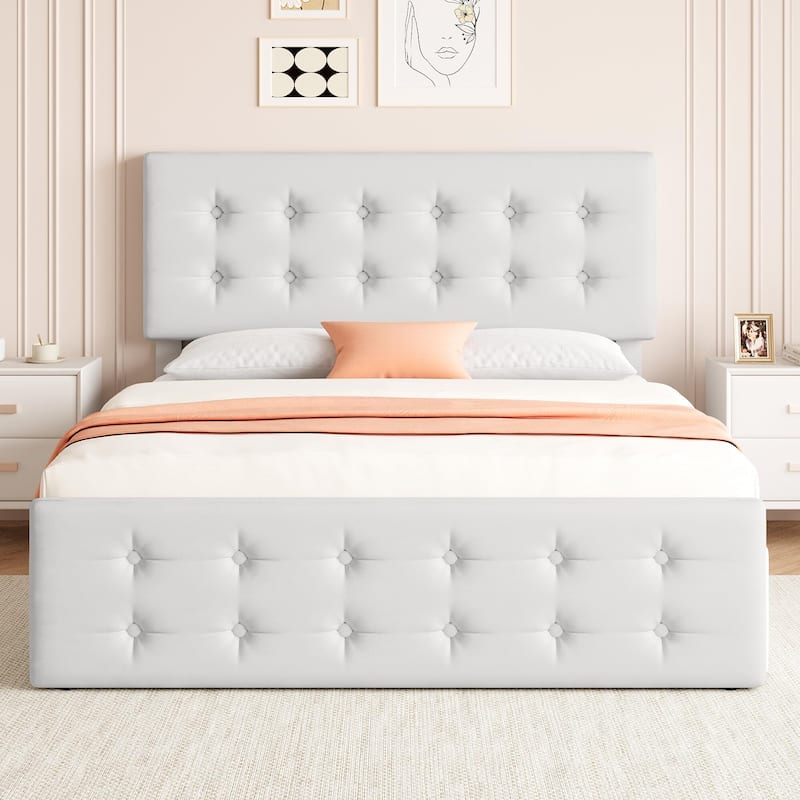 Bed Frame with 4 Storage Drawers and Headboard - White_Queen - Queen