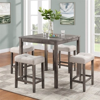 5 Piece Counter Height Set with Tufted Linen Stools - Bed Bath & Beyond ...
