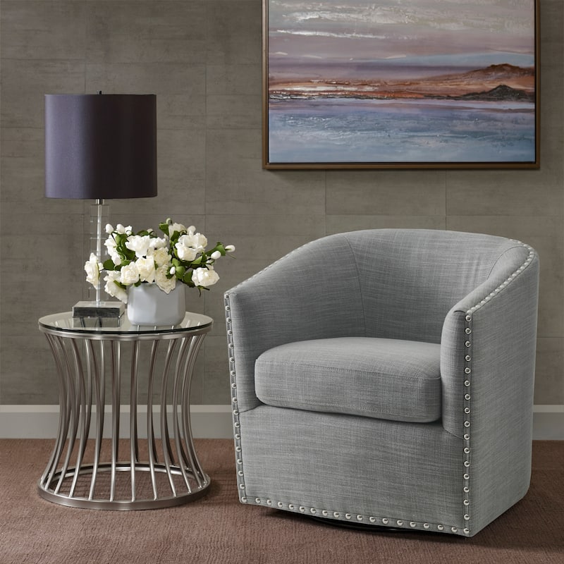 Madison Park Tyler Upholstered Swivel Barrel Chair with Nailheads - Single - Grey