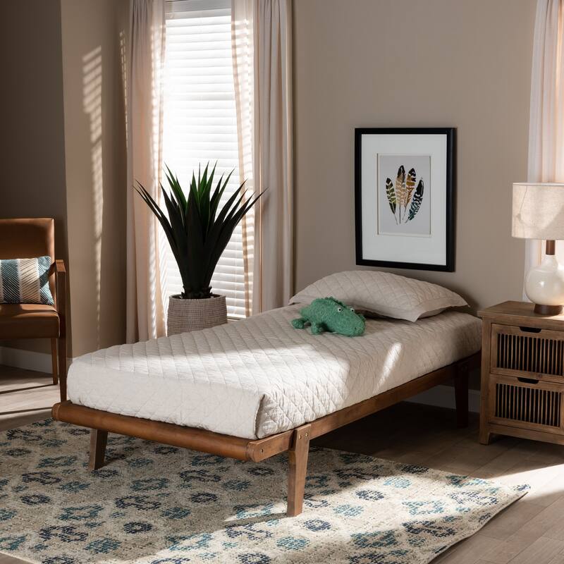Twin Walnut Brown Platform Bed Frame with Low Profile Slats and Tapered Angled Legs for a Modern Look