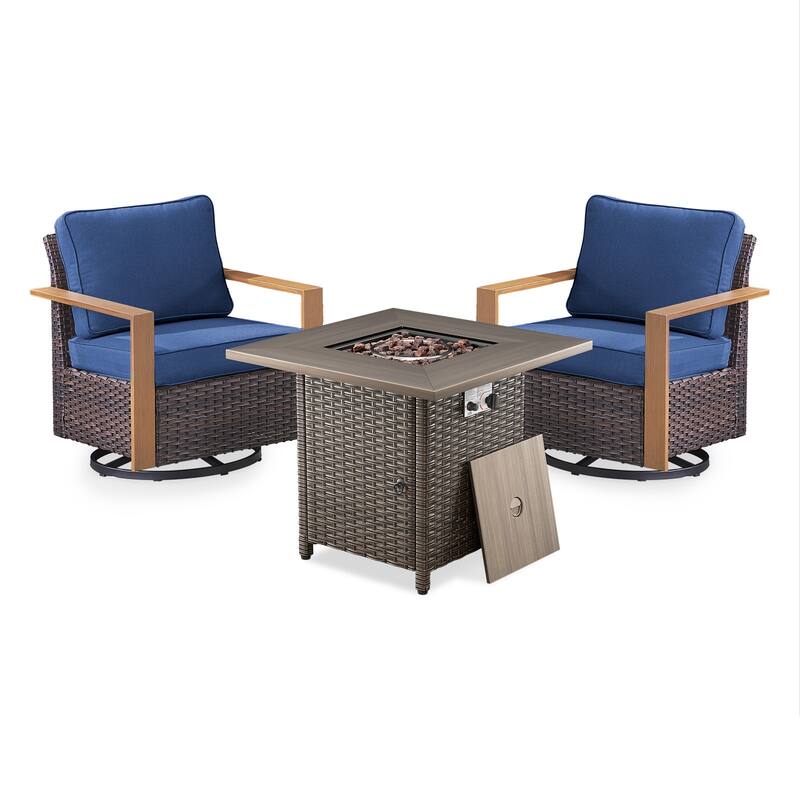 Meyreso 3-Piece Wicker Swivel Glider Fire Pit Set with Plush 4.5" Olefin Cushions