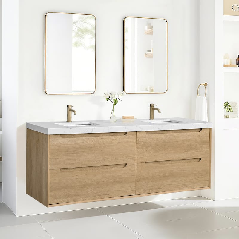 24"36"48"60"72"84" Floating Bathroom Vanity with Engineered Top Rectangulare Sink Solid Wood