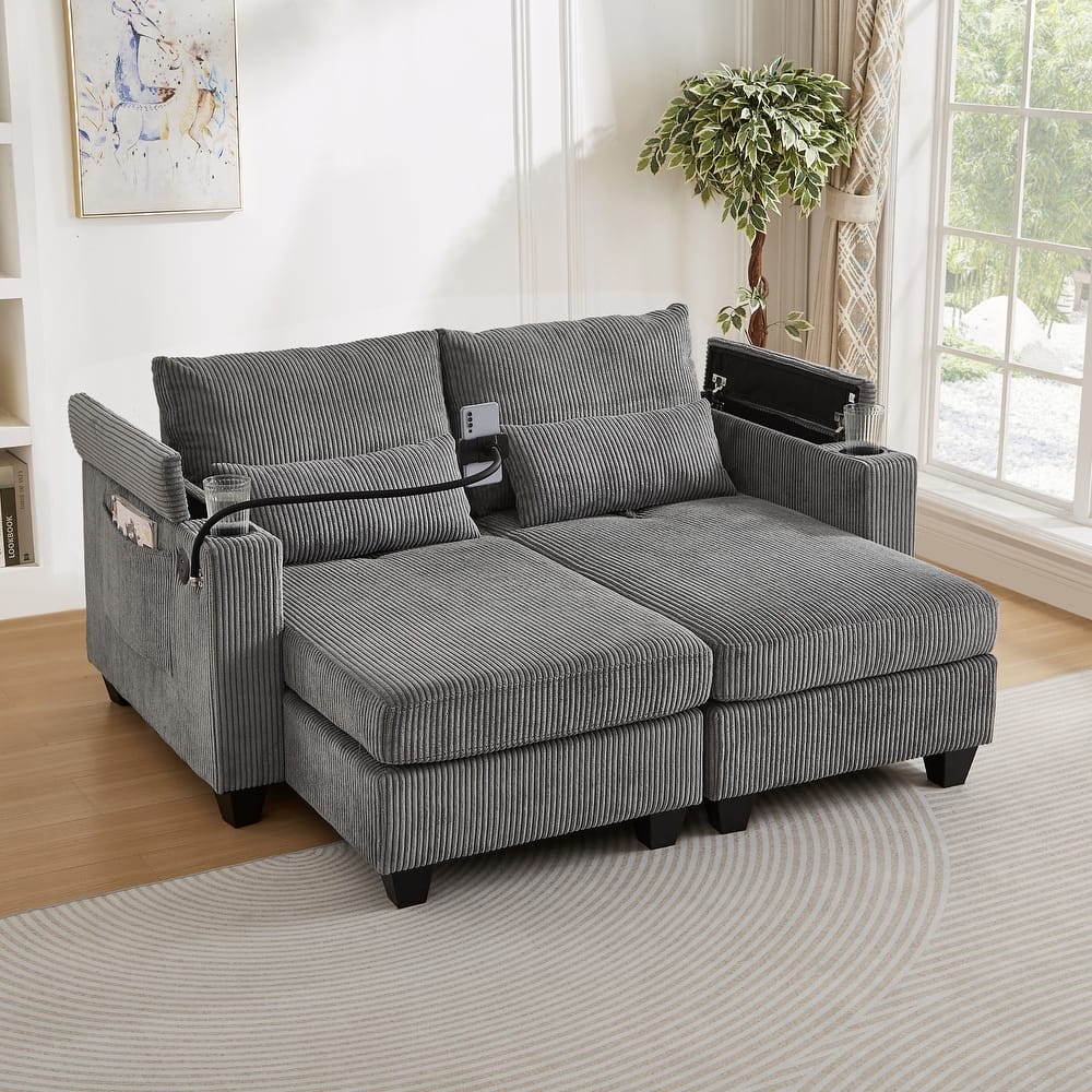 Roomfitters Convertible Corduroy Loveseat Sofa Bed with USB Ports, Cup Holders, Phone Slot and Storage for Living Room