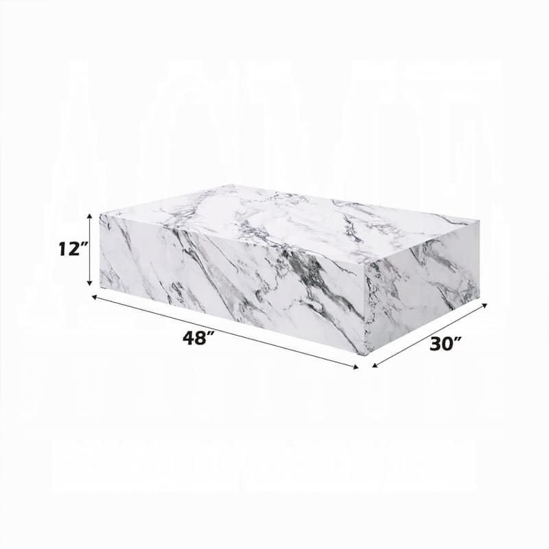Ritzy Coffee Table, Modern Plinth, White Gray Faux Stone, 48 Inch