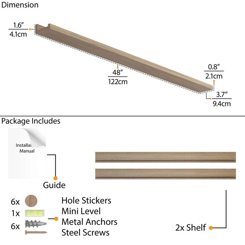 Picture Ledge Shelf 48 inch, Vinyl Display Shelf, Photo Display Shelf for Wall, Farmhouse Decor, Wall Mounted, Natural, 2 Pcs