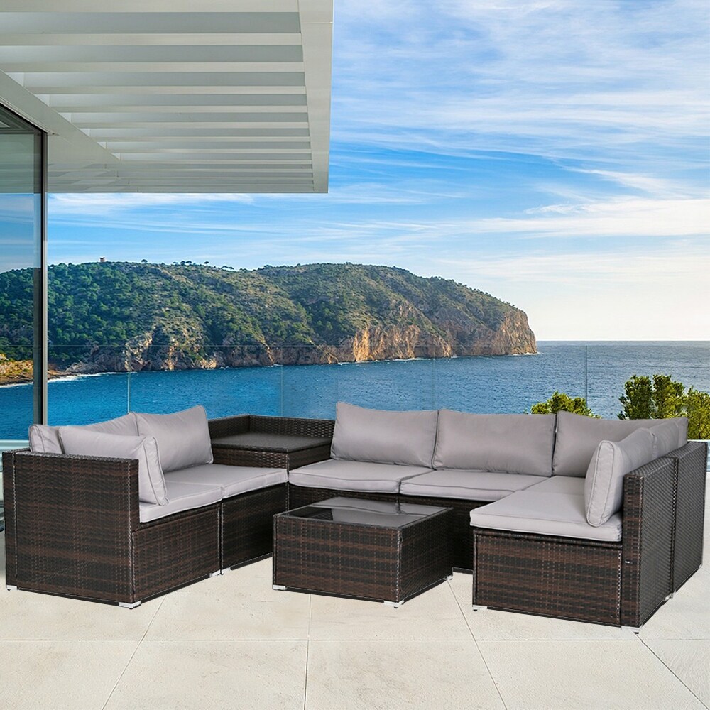 8-Piece Brown&Grey Outdoor Rattan Furniture Sets with Sofas,