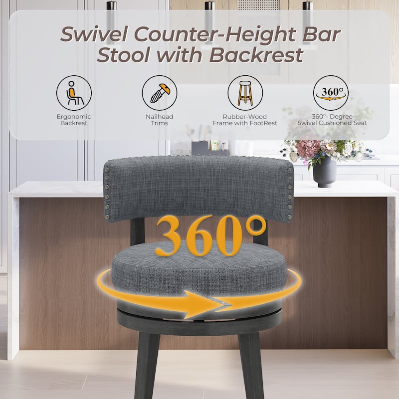 Modern Velvet Swivel Bar Stool - 25" or 30" Counter Height with Adjustable Footrest & Walnut Base, for Kitchen Islands
