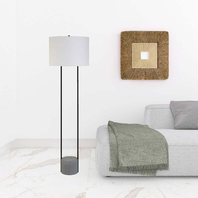 65" Black Column Floor Lamp with White Drum Fabric Shade and Frosted Glass Smart Plug-In Light - 65" H x 16" W x 16" D