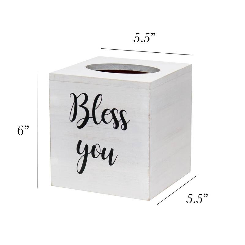 Elegant Designs Decorix Farmhouse Square Wooden Decorative Tissue Box Cover with "Bless you" Script - L: 5.5" x W: 5.5" x H: 6"