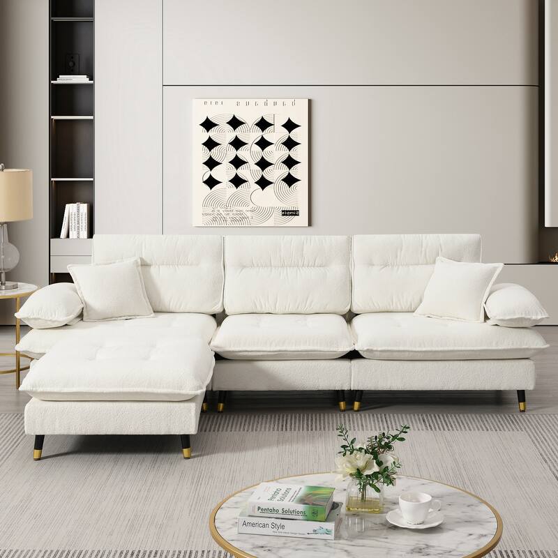 L-shaped Convertible Sectional Sofa, 4 Seat Tufted Couch Set - White