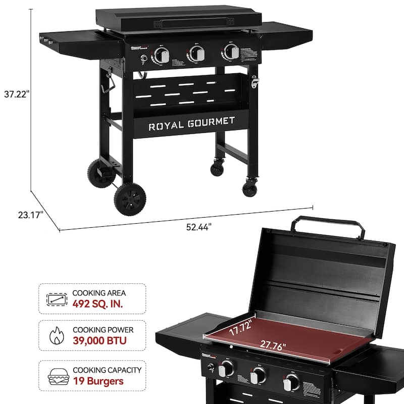 Royal Gourmet GB3000PB 3-Burner Gas Griddle with Hood & Collapsible Side Shelves, 39,000 BTU, 492 Sq. In. Cooking Area
