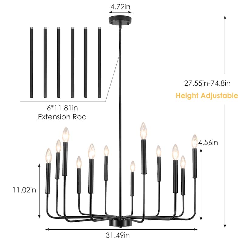 31.49" Wide Modern 12- Light Classic Chandelier, Living Room Metal Dimmable Candle Style Chandelier for Kitchen Dining Room