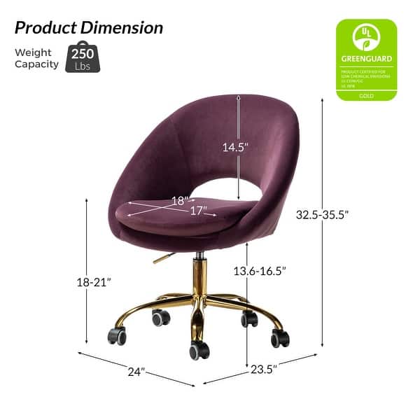 dimension image slide 5 of 18, HULALA HOME Ramona Modern Velvet Height Adjustable 360 Swivel Task Chair with Metal Base