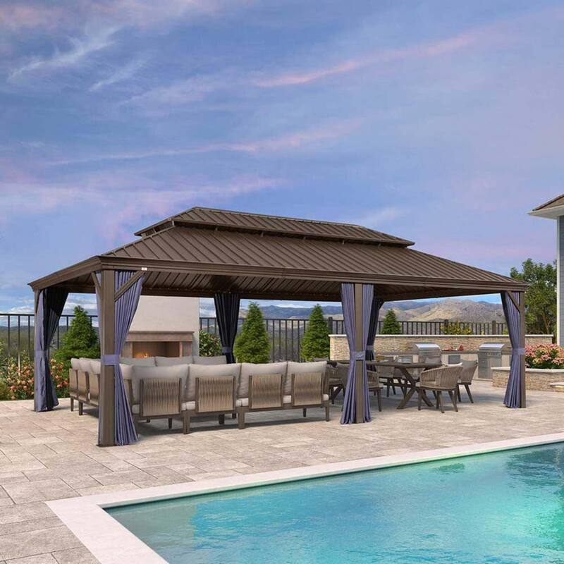 PURPLE LEAF Hardtop Aluminum Gazebo with Curtains and Netting, Double Roof Patio Gazebo