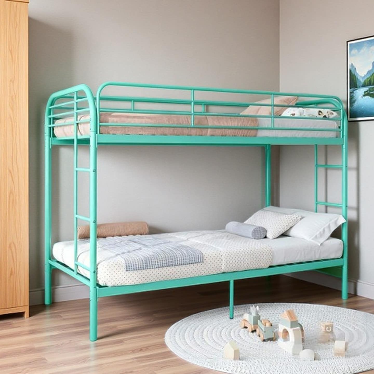 Twin Over Twin Metal Bunk Bed with Dual Ladders, Full-Length Safety Rails, Space-Saving Design with Underbed Storage