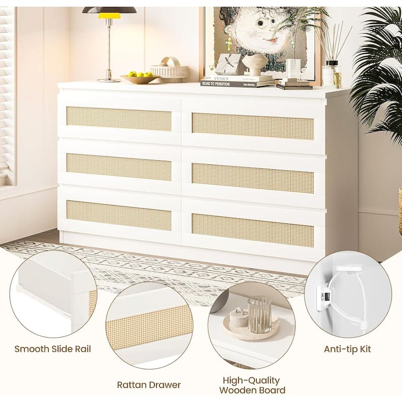 Rattan Dresser for Bedroom, 6 Drawer Double Dresser, Modern Wood Chest of Drawers