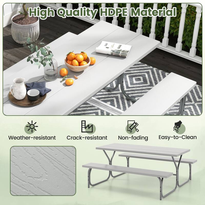 72 Inch 8-Person Outdoor Picnic Table and Bench Set with HDPE Wood-Texture Top and with Built-in Umbrella Hole