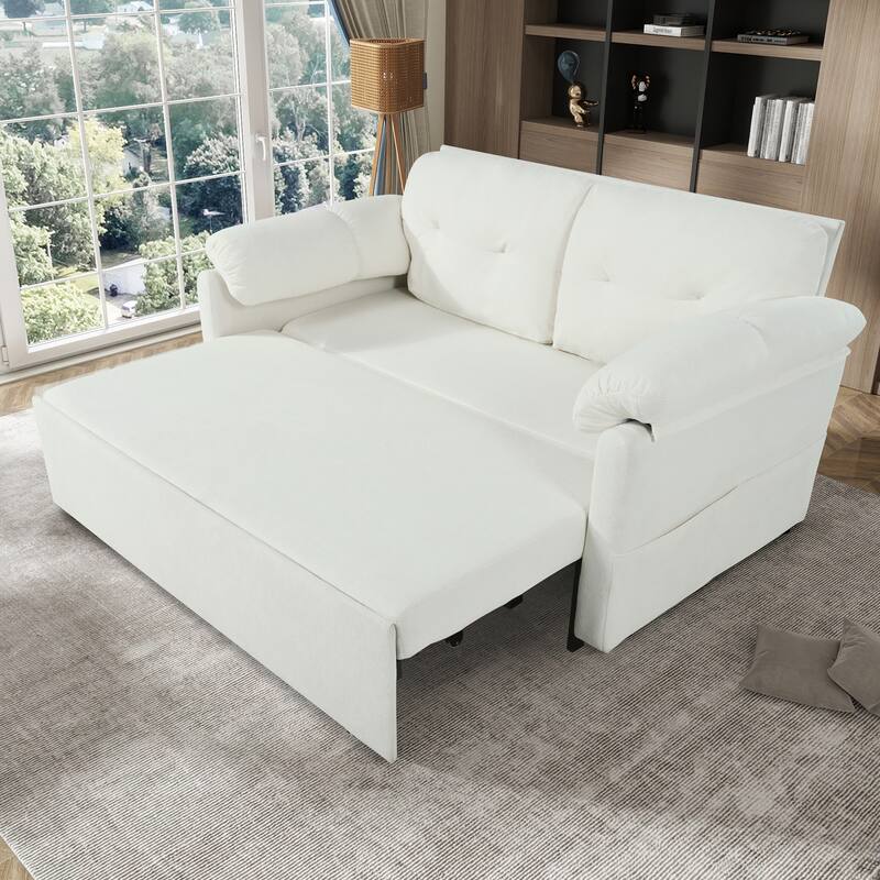Multi-Functional Chenille Loveseat Sofa Convertible Pull Out Queen Size Sofa Bed with Thickened Cushions and Side Pockets
