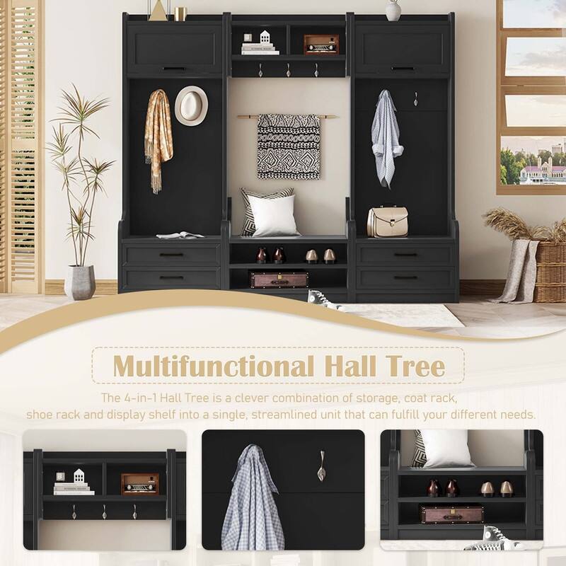 4-in-1 Detachable Hall Tree with Storage Cabinets and Hooks, Multifunctional Hallway Coat Rack with Drawers and Shoe Bench