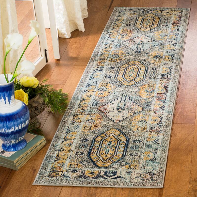SAFAVIEH Savannah Etter Boho Oriental Polyester Rug - 2'3" x 8' Runner - Grey/Navy